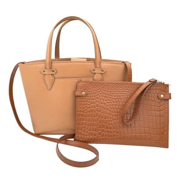 Rachel Roy Beige Genuine Leather Shoulder Bag Camel Handbag Wristlet Attached - Picture 1 of 17